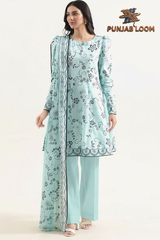 SAYA Unstitched Printed Self Strip Lawn 3 Piece Suit